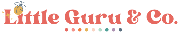 Little Guru & Co. horizontal logo — sustainable baby and children’s clothing brand with rainbow text and firefly icon