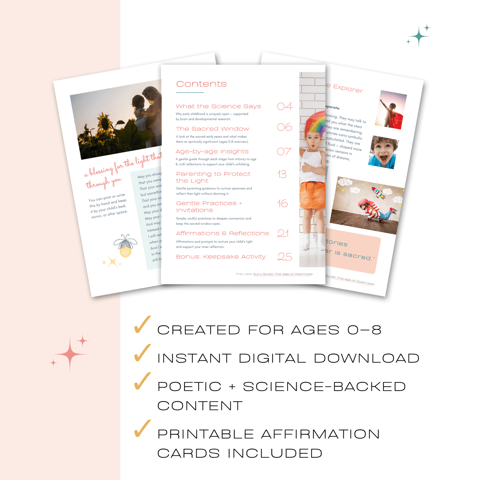 Sacred Parenting Guide Bundle — The Little Guru Guides (Save 15%) Preview of interior pages from The Ages of Openness parenting guide, with checklist for ages 0–8, printable affirmation cards, and poetic content