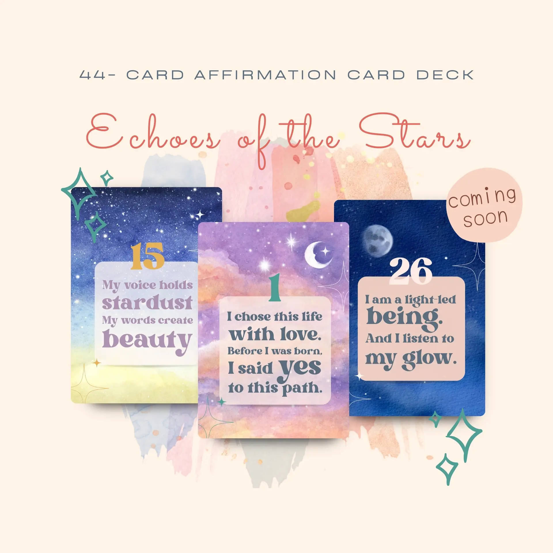 Sacred Parenting Guide Bundle — The Little Guru Guides (Save 15%) Echoes of the Stars 44-card affirmation deck displayed in a lay-flat mockup with illustrated cards and guide booklet, soulful parenting and mindfulness tool by Little Guru & Co.