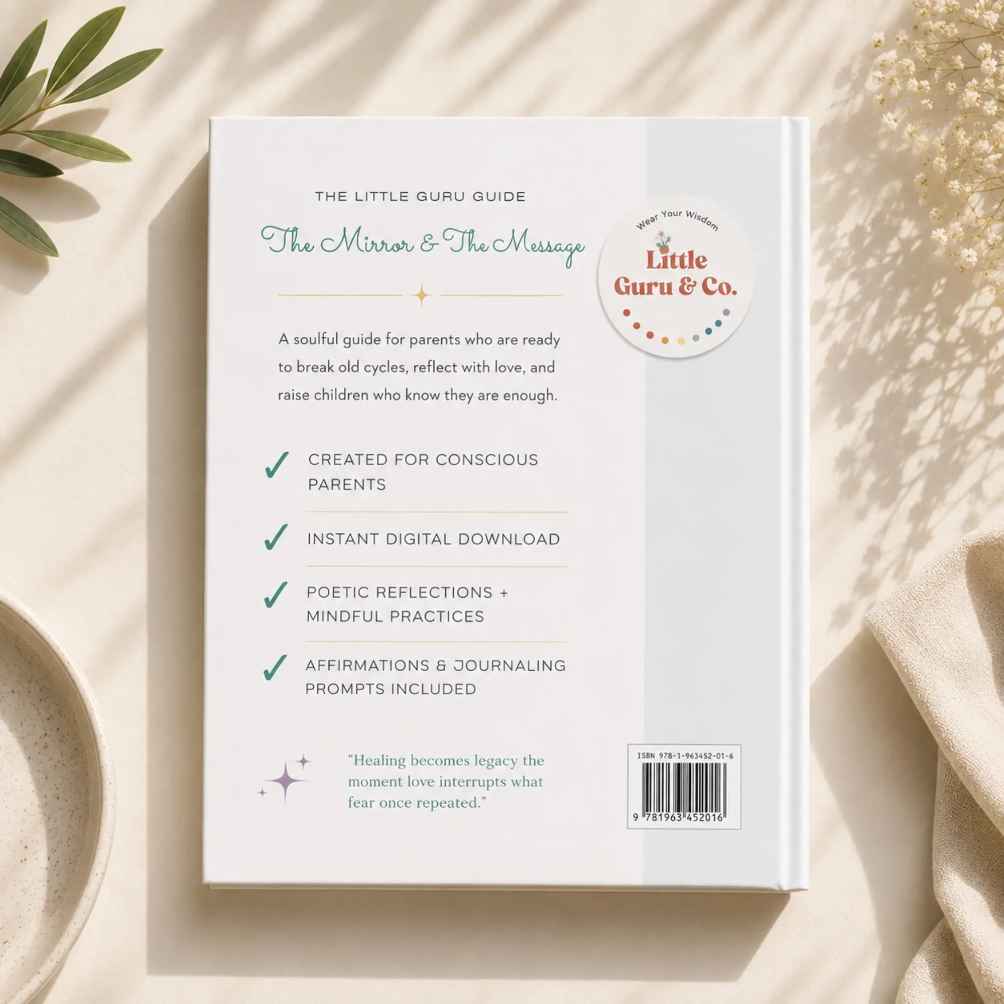 The Little Guru Guide: The Mirror and The Message (Digital Download) The Mirror and The Message Guide by Little Guru & Co. back cover mockup with benefits.