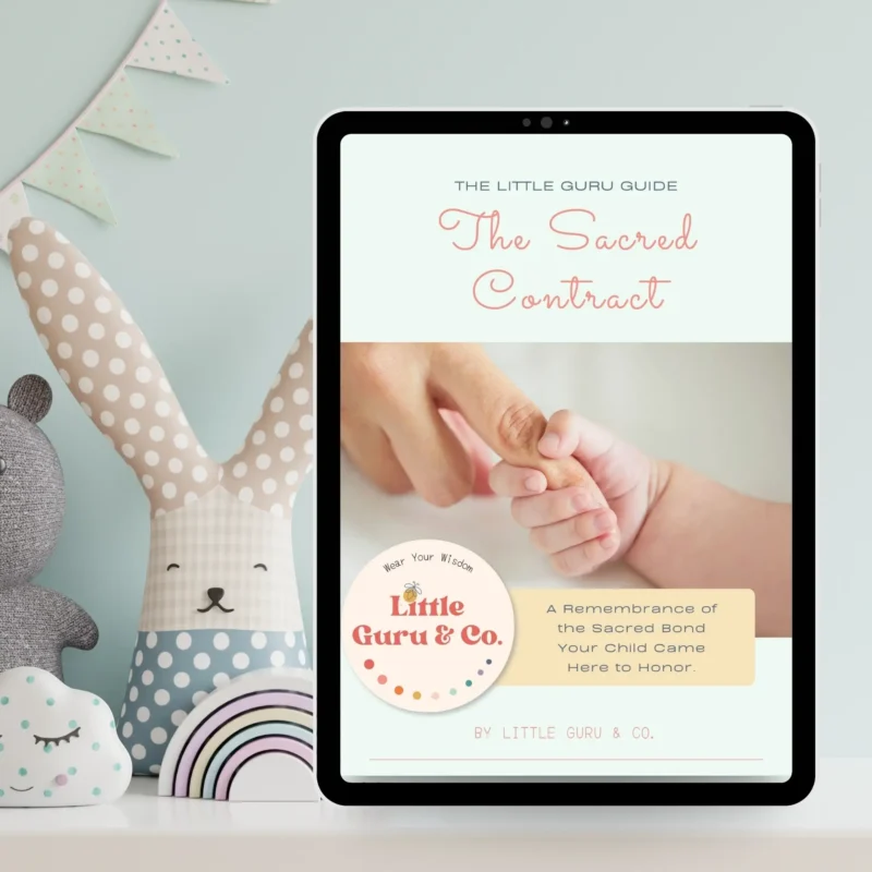 Tablet mockup of The Little Guru Guide: The Sacred Contract digital soul contract parenting guide by Little Guru & Co., featuring soft nursery decor and rainbow toys. A soulful guide exploring why children choose their parents before birth and how to parent with presence, compassion, and remembrance.