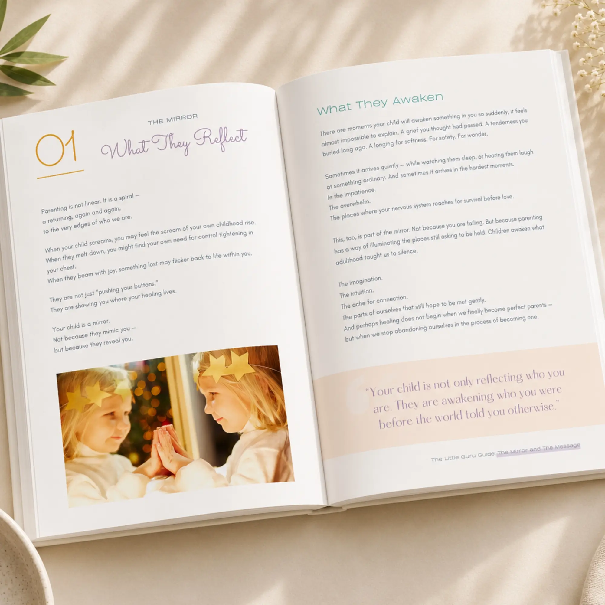 The Little Guru Guide: The Mirror and The Message (Digital Download) Interior spread of The Mirror and The Message Conscious Parenting Guide by Little Guru & Co.