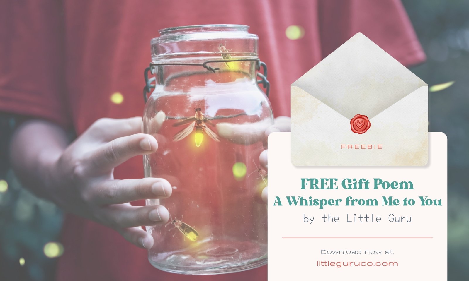 Child holding jar of glowing fireflies representing firefly symbolism and the Little Guru & Co. story of light.