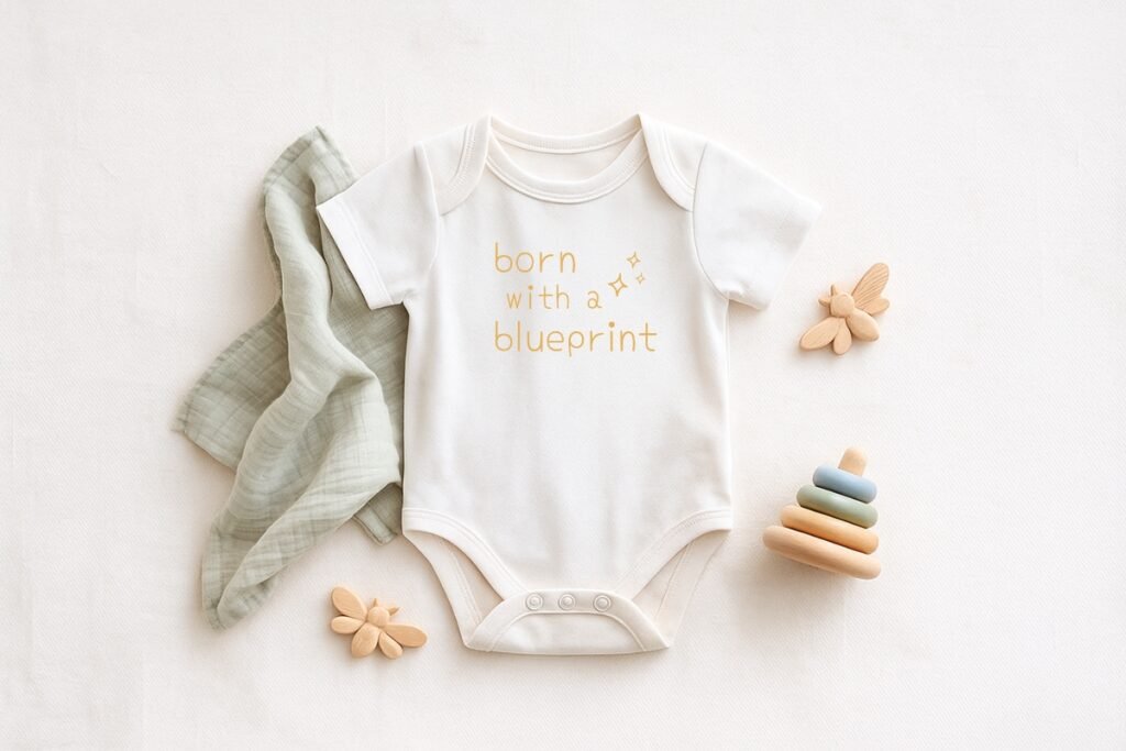 Lay flat sustainable cotton baby bodysuit onesie with "Born with a Blueprint" slogan in Stardawn by Little Guru & Co.