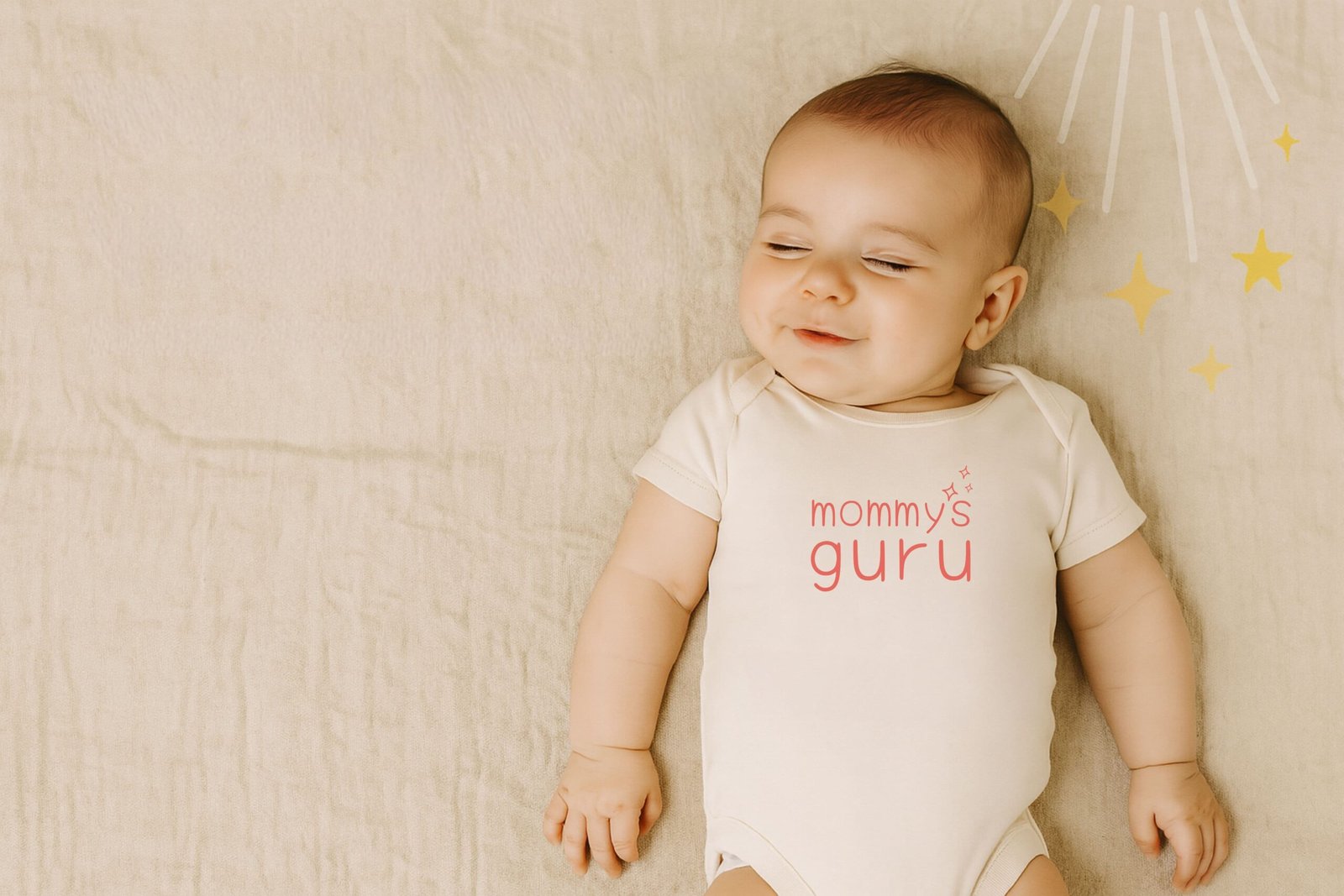 Organic Cotton Baby Bodysuit – mommy’s Guru Little Guru & Co. Shop featuring smiling baby lying on a blanket wearing a “mommy’s guru” organic onesie by Little Guru & Co., surrounded by golden star illustrations.