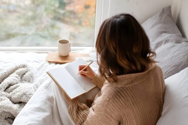 Parent sitting by a window writing in a journal, reflecting quietly and practicing presence in daily life.