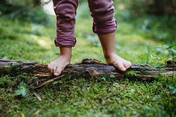 Child standing barefoot on a fallen log, showing embodied connection to nature and balance within living systems