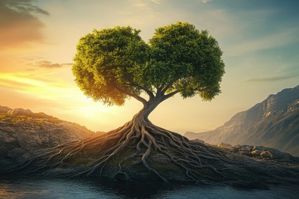 Tree with intertwined roots forming a heart shape, symbolizing interdependence in nature and one shared life force