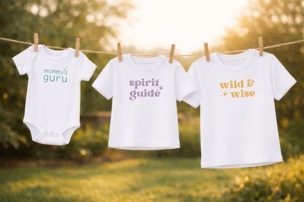 The Magic of Synchronicity: How the Universe Helps Us Find Our Way Children’s organic apparel from the Wayfinders Collection hanging outdoors, featuring light-led and wild and wise messages inspired by intuitive living.