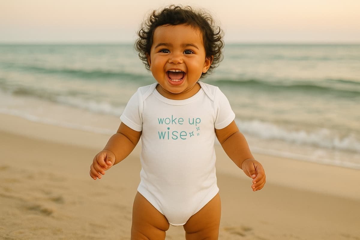 Smiling baby standing on the beach wearing a “woke up wiser” onesie, expressing joy and vitality.