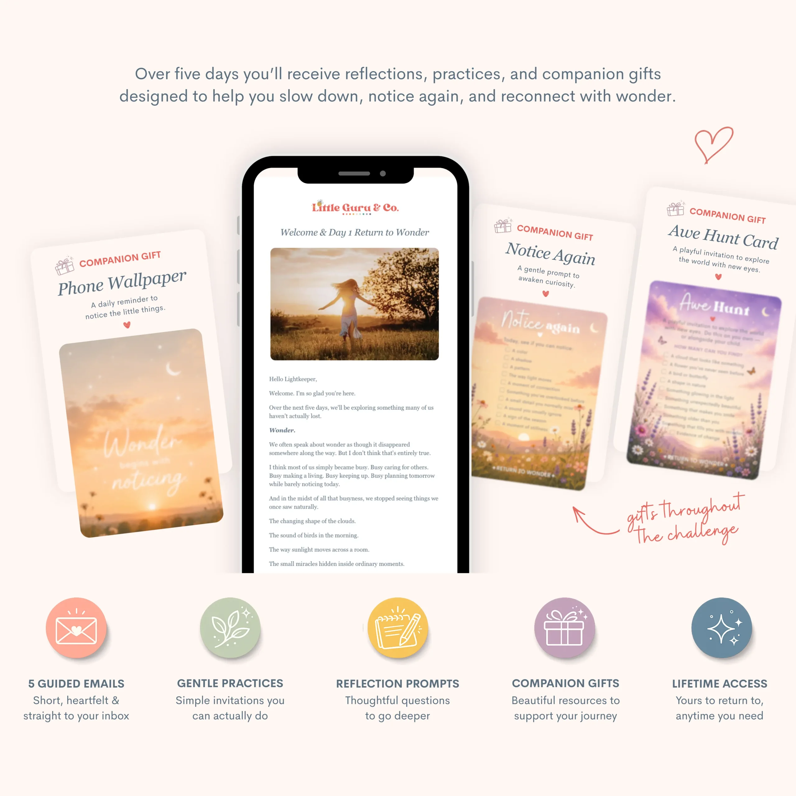 The Return to Wonder Guided Journey (🌟 New!) The Return to Wonder guided journey featuring mindfulness practices, daily reflections, printable companion gifts, and presence exercises designed to reconnect participants with curiosity, awe, and everyday wonder.