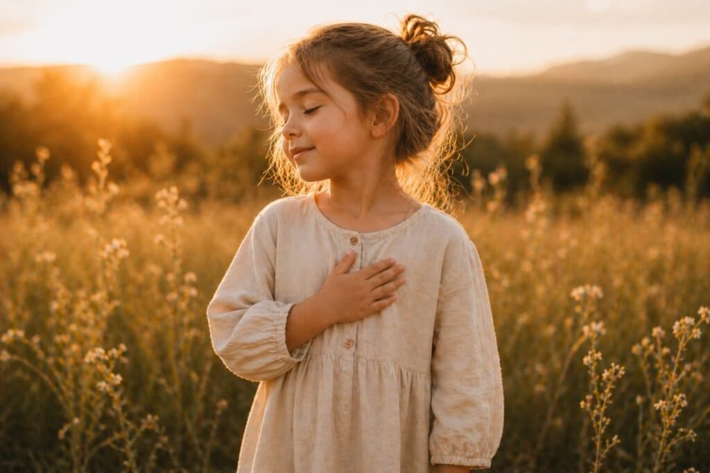 Child with hand on heart in golden field, symbolizing inner knowing and spirit as compass