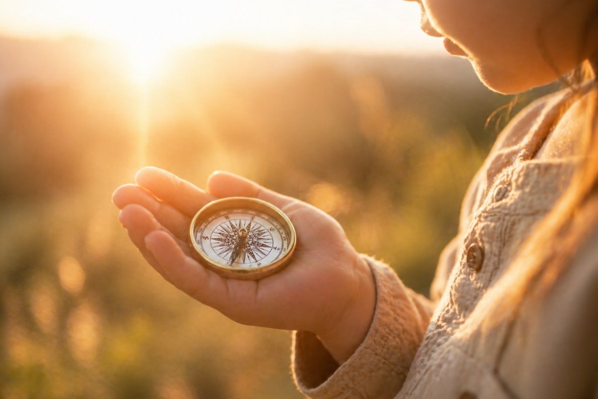 Child holding a compass in warm sunlight, symbolizing spirit as compass and inner guidance in intuitive parenting