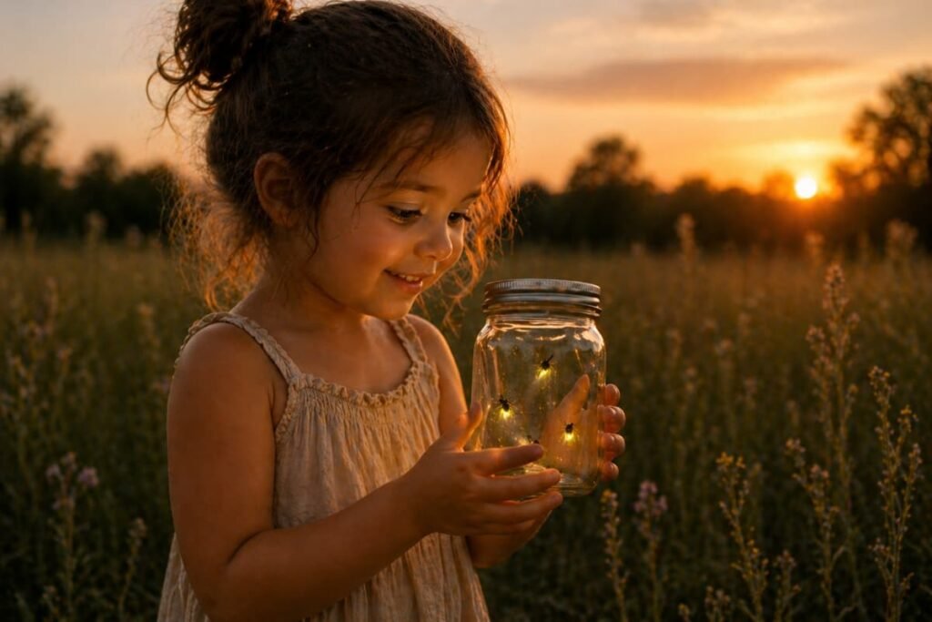 Child holding jar with fireflies at sunset, representing inner guidance and spirit as compass