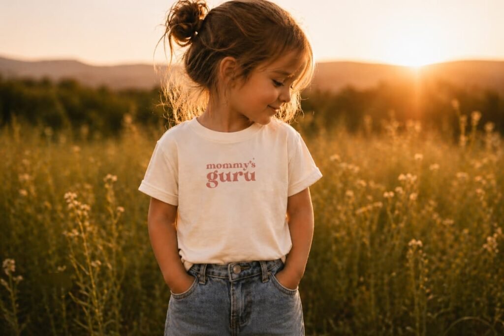 Child wearing “mommy’s guru” shirt in golden sunlight, symbolizing spirit as compass and intuitive parenting