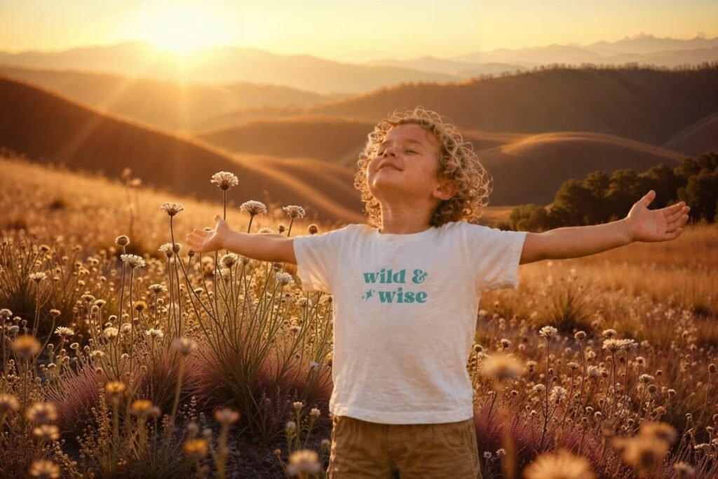 Child with arms open in golden field wearing “wild & wise” shirt, representing trust, alignment, and spirit as compass
