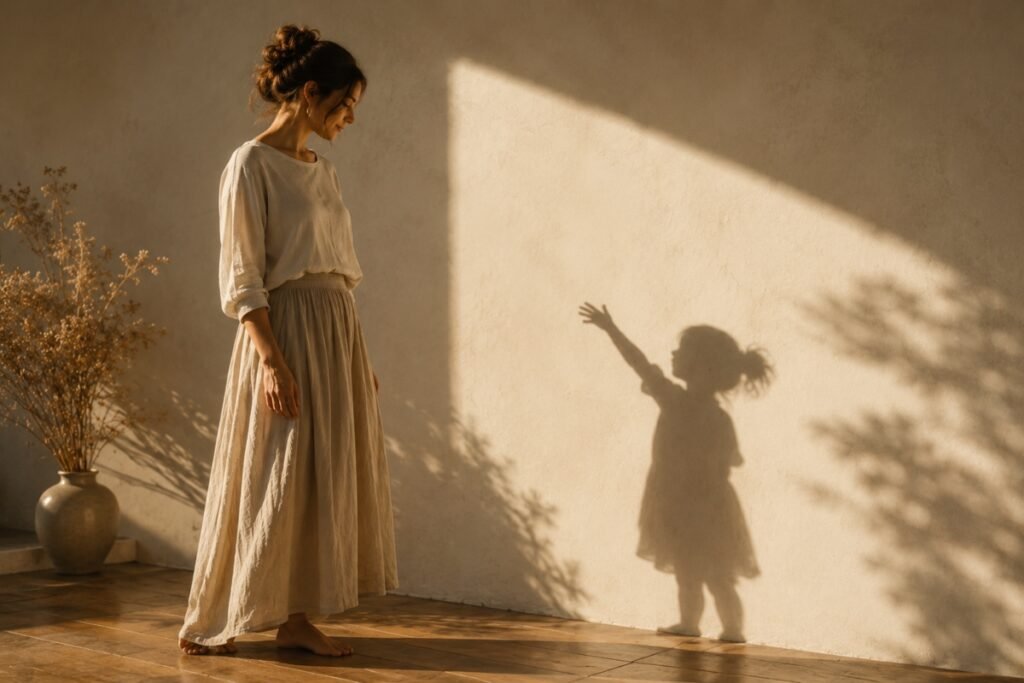 Mother standing beside the shadow of a child reflecting hidden emotions and healing through parenting and shadow work.