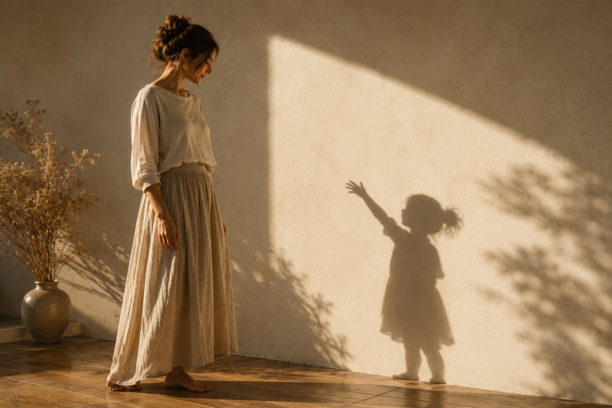Mother standing beside the shadow of a child reflecting hidden emotions and healing through parenting and shadow work.