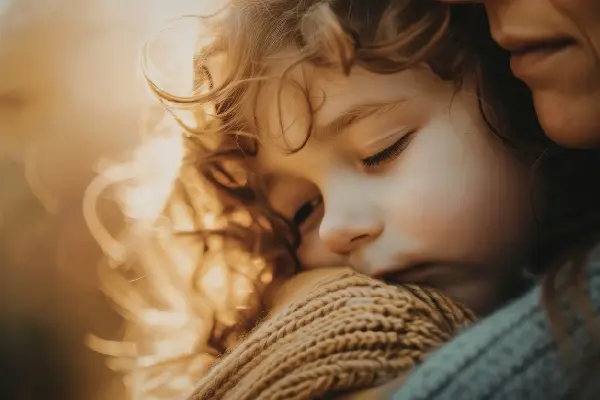 Child resting on mother's shoulder, illustrating emotional safety, attachment, and healing the inner child through parenting.